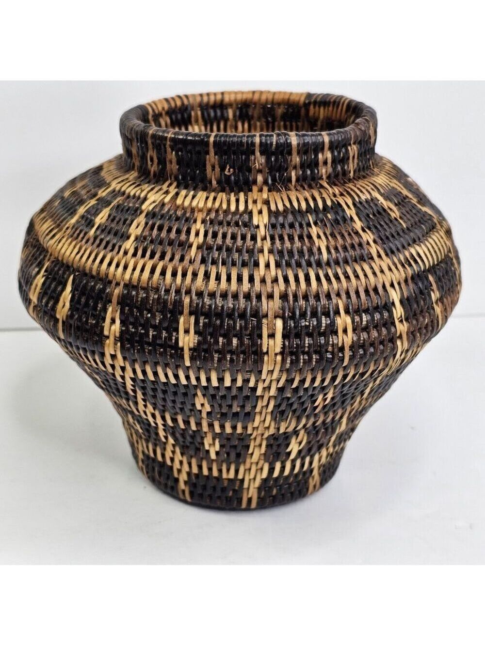 Handwoven Wicker Basket Vase Tribal Geometric Black Tan Decorative Pot 6"